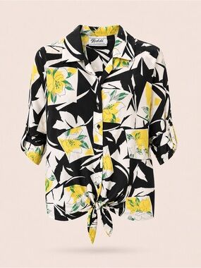 Vintage Teddi California Floral Blouse Tie Front Black White Yellow Resort Boho
